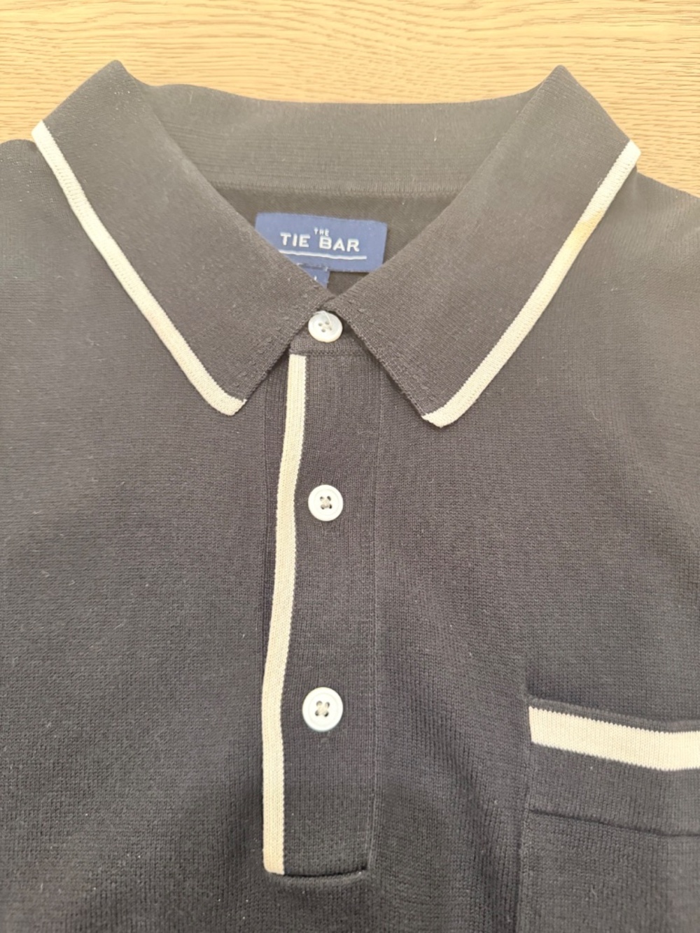 The Tie Bar Black Knit Polo Sweater Shirt White Trim Pocket Large - Picture 5 of 8